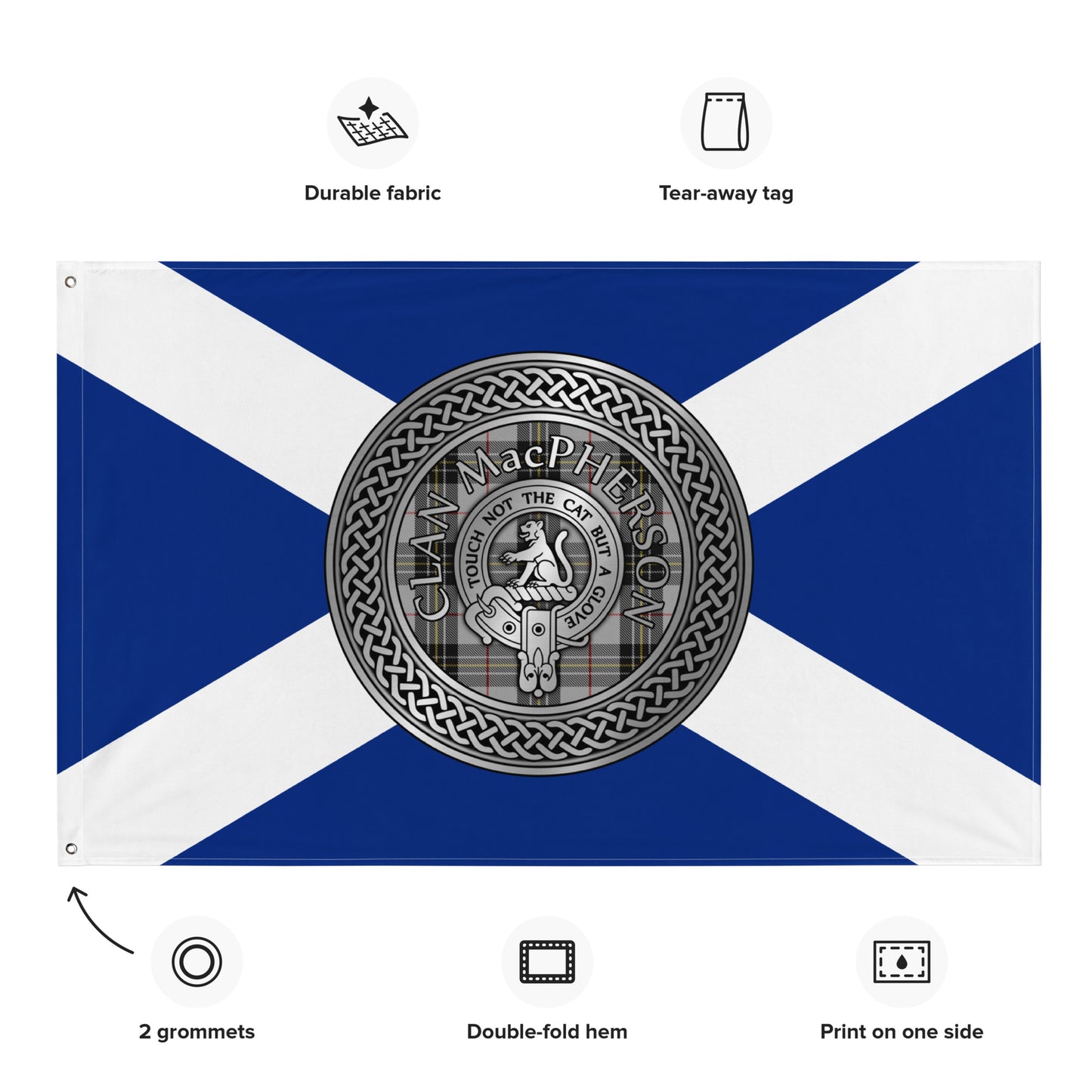 Clan MacPherson Crest & Tartan Knot on Scottish Saltire Flag