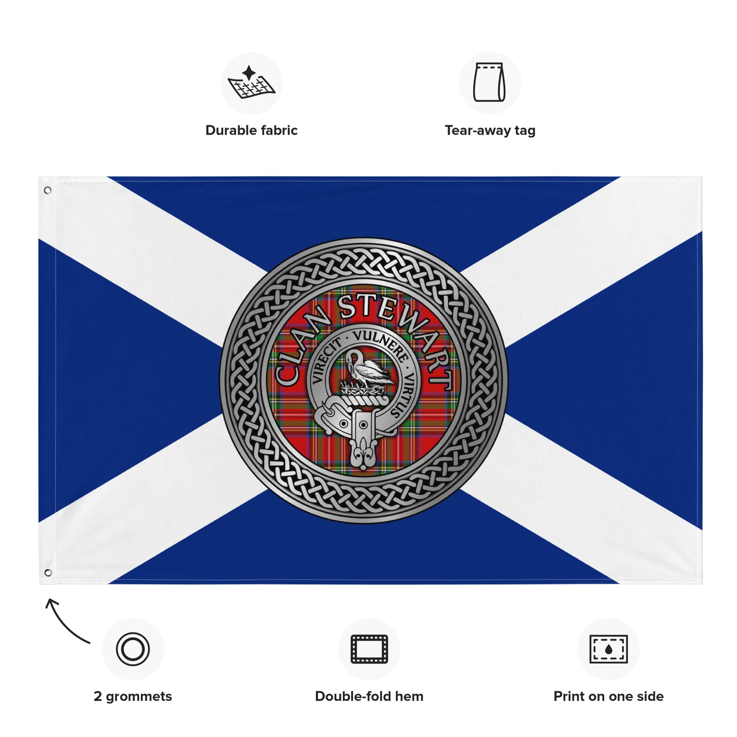 Clan Stewart Crest & Tartan Knot on Scottish Saltire Flag