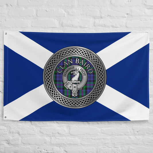 Clan Baird Crest & Tartan Knot on Scottish Saltire Flag