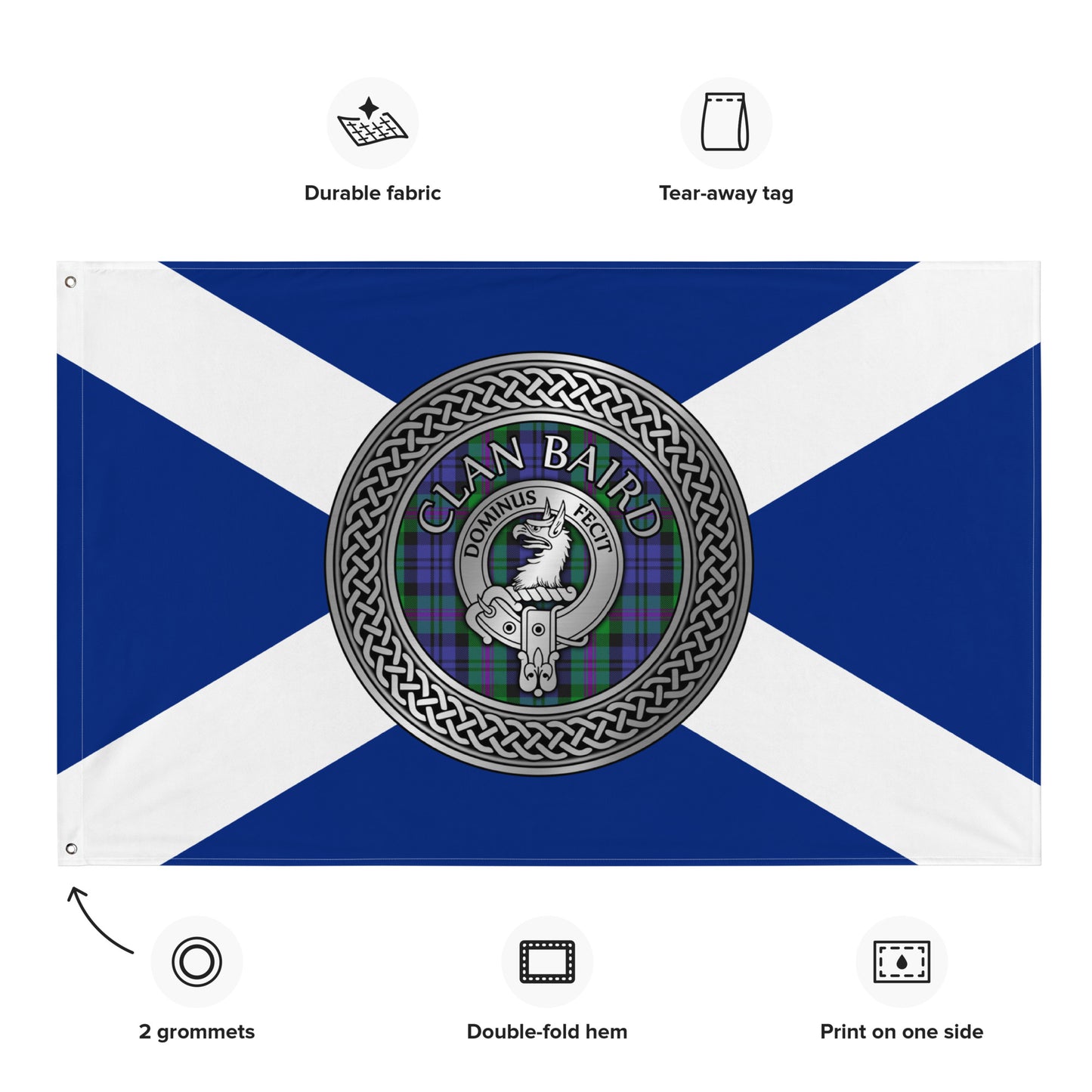 Clan Baird Crest & Tartan Knot on Scottish Saltire Flag