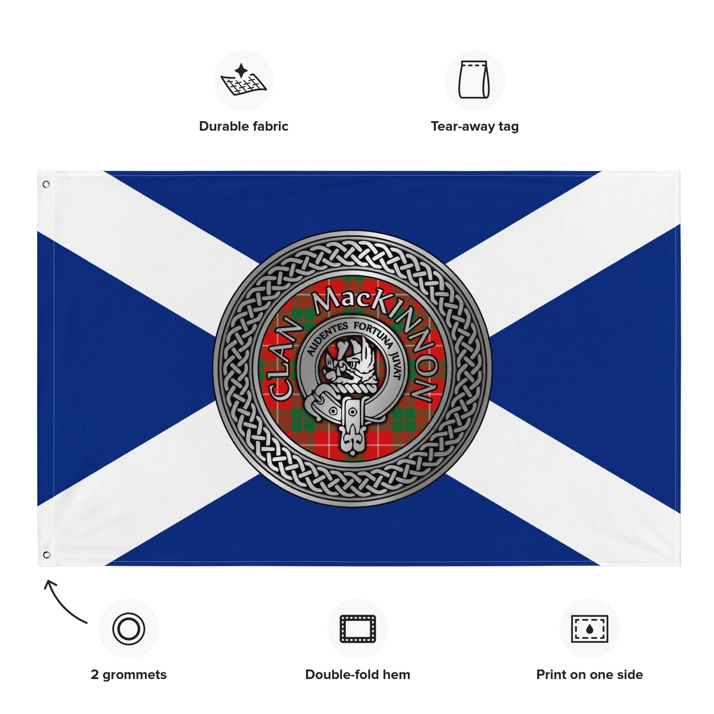 Clan MacKinnon Crest & Tartan Knot on Scottish Saltire Flag