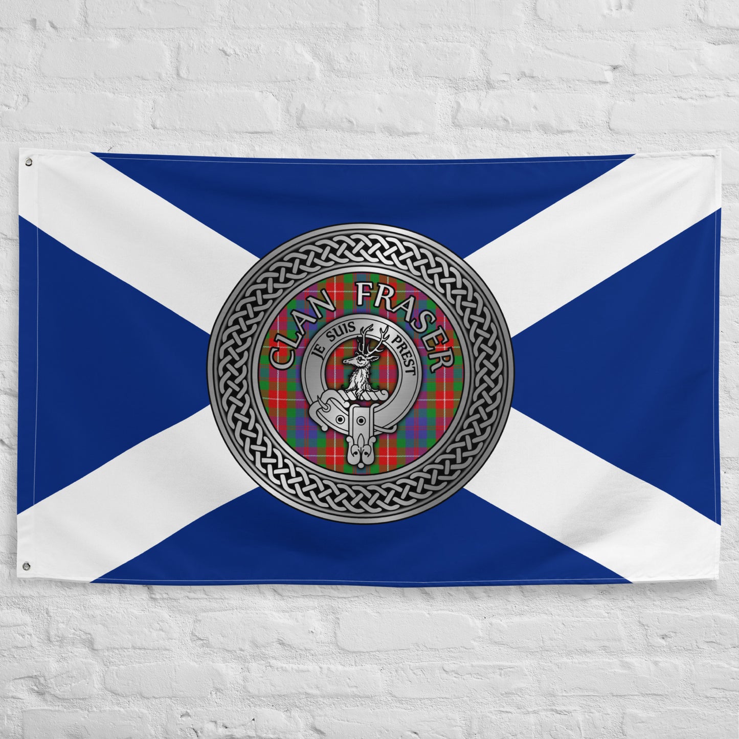 Clan Fraser Crest & Tartan Knot on Scottish Saltire Flag