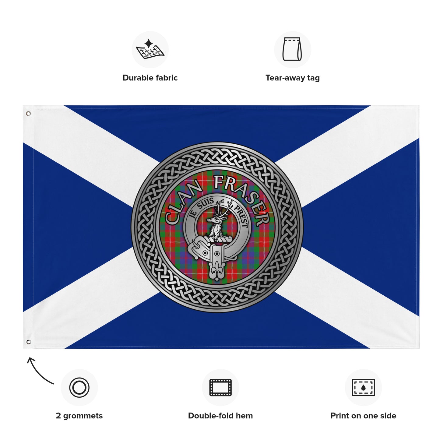 Clan Fraser Crest & Tartan Knot on Scottish Saltire Flag