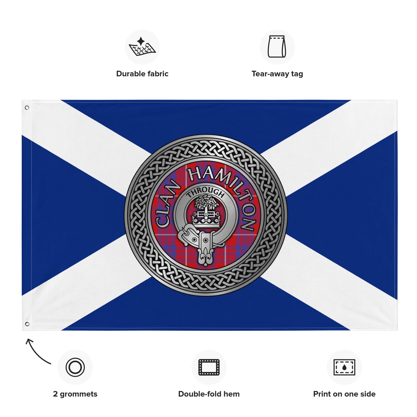 Clan Hamilton Crest & Tartan Knot on Scottish Saltire Flag