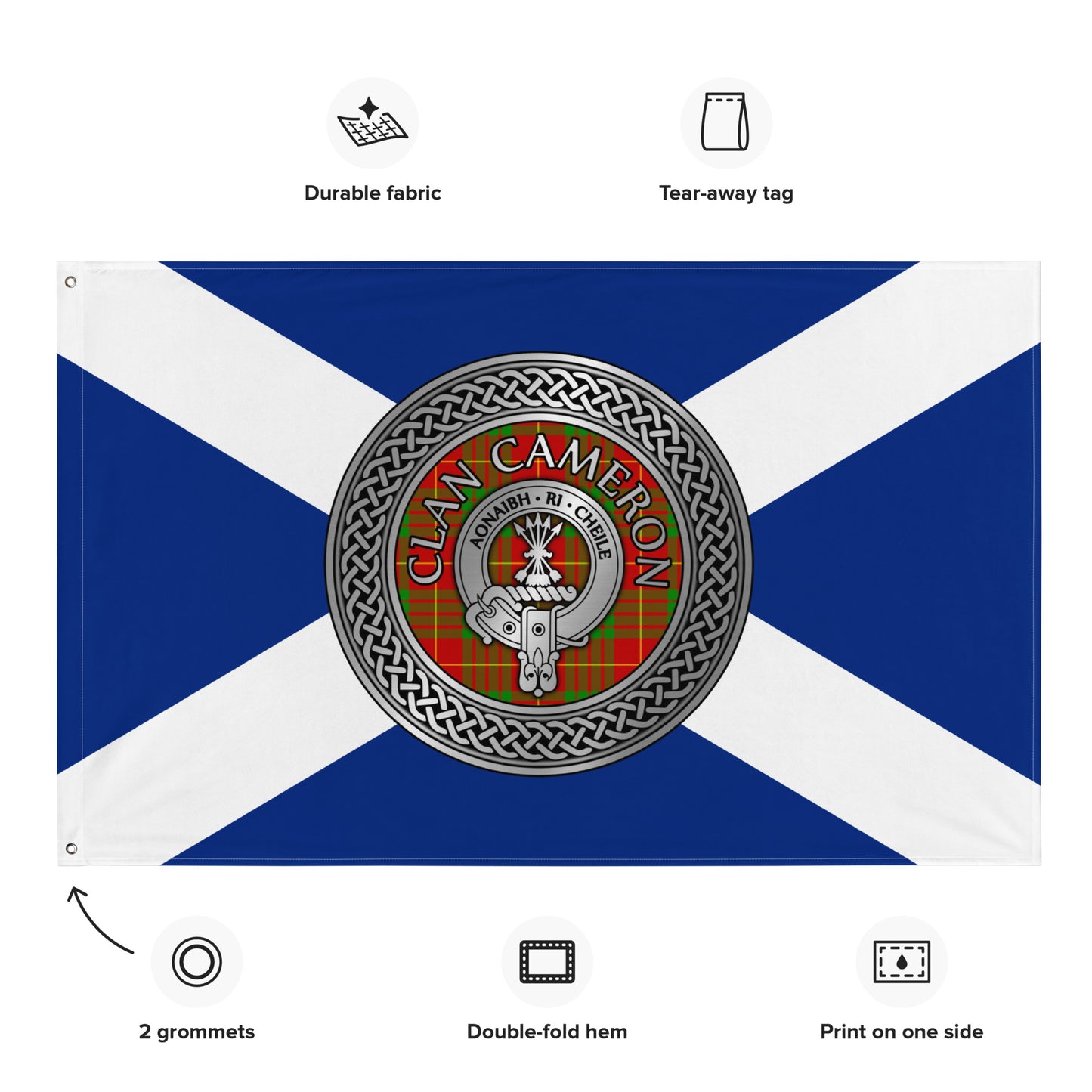 Clan Cameron Crest & Tartan Knot on Scottish Saltire Flag