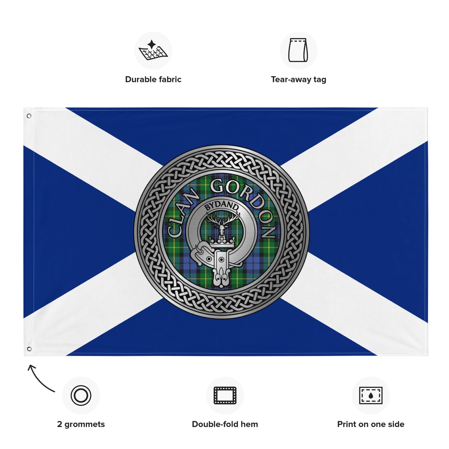 Clan Gordon Crest & Tartan Knot on Scottish Saltire Flag