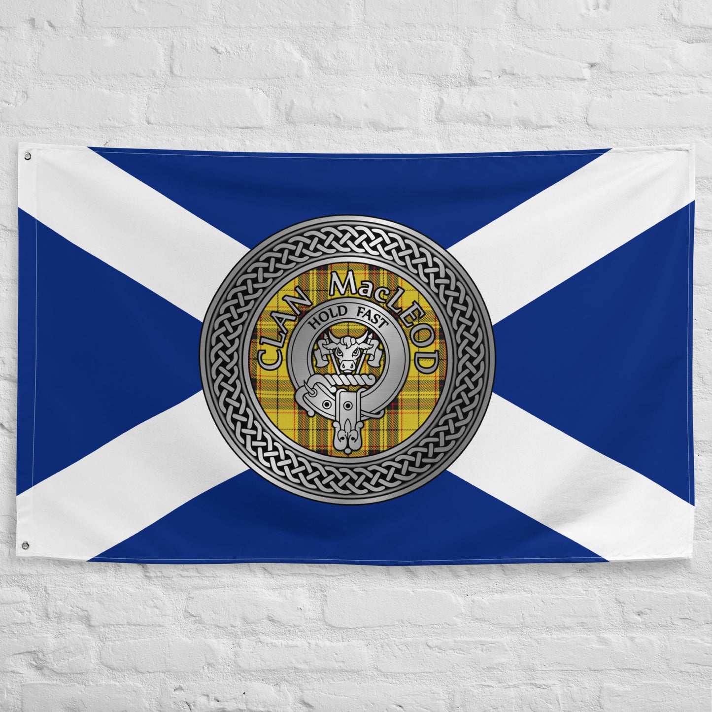 Clan MacLeod Crest & Tartan Knot on Scottish Saltire Flag