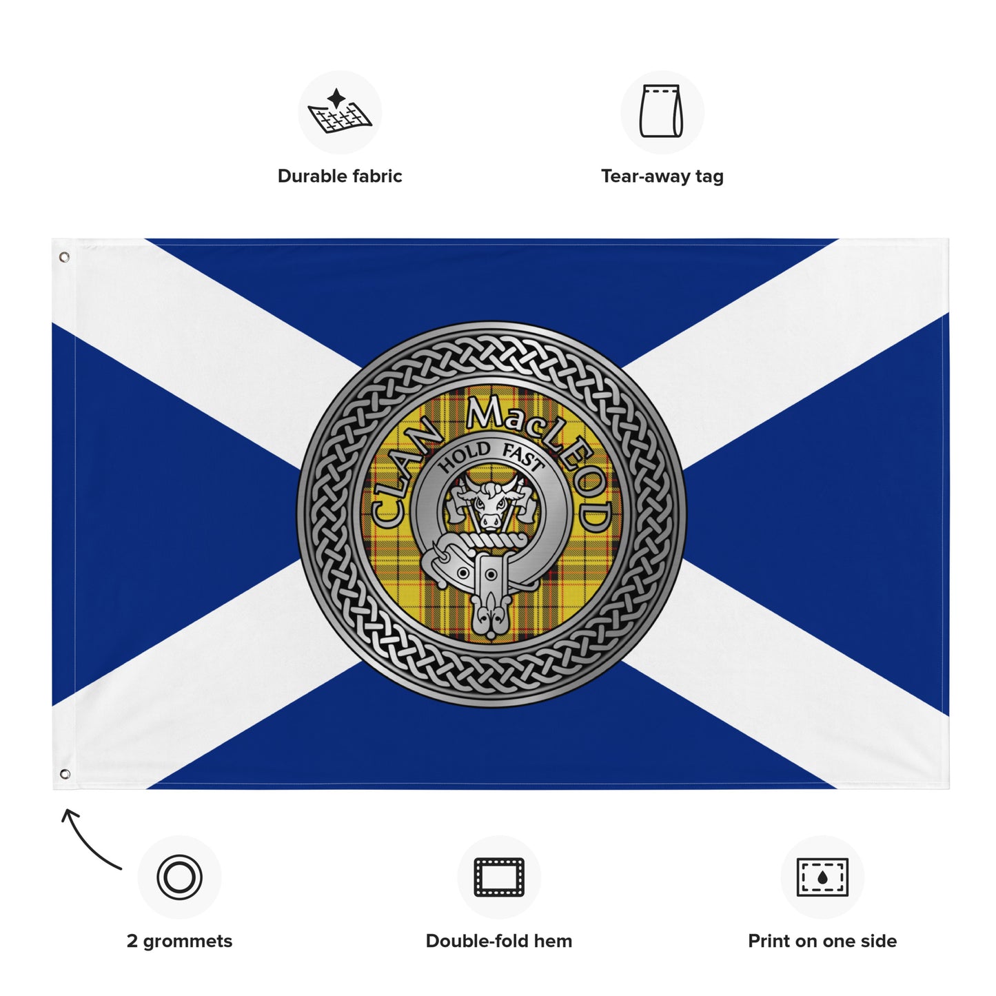 Clan MacLeod Crest & Tartan Knot on Scottish Saltire Flag