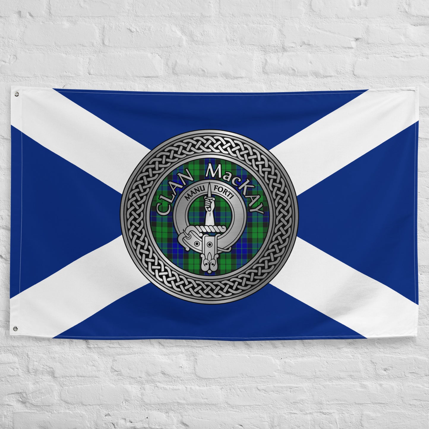 Clan MacKay Crest & Tartan Knot on Scottish Saltire Flag