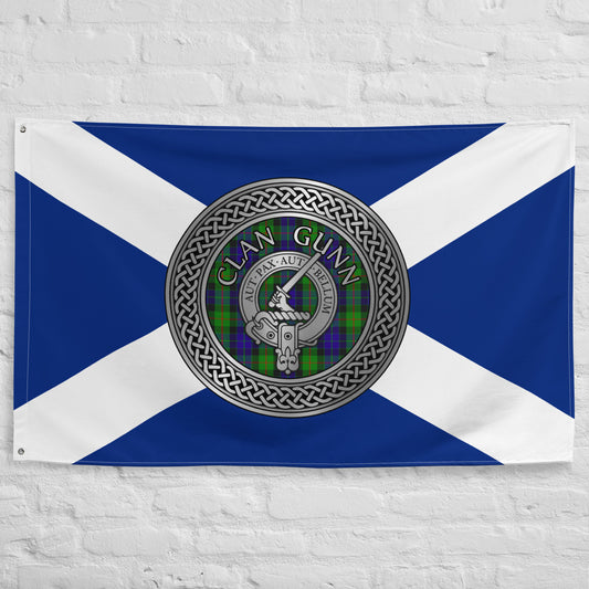 Clan Gunn Crest & Tartan Knot on Scottish Saltire Flag