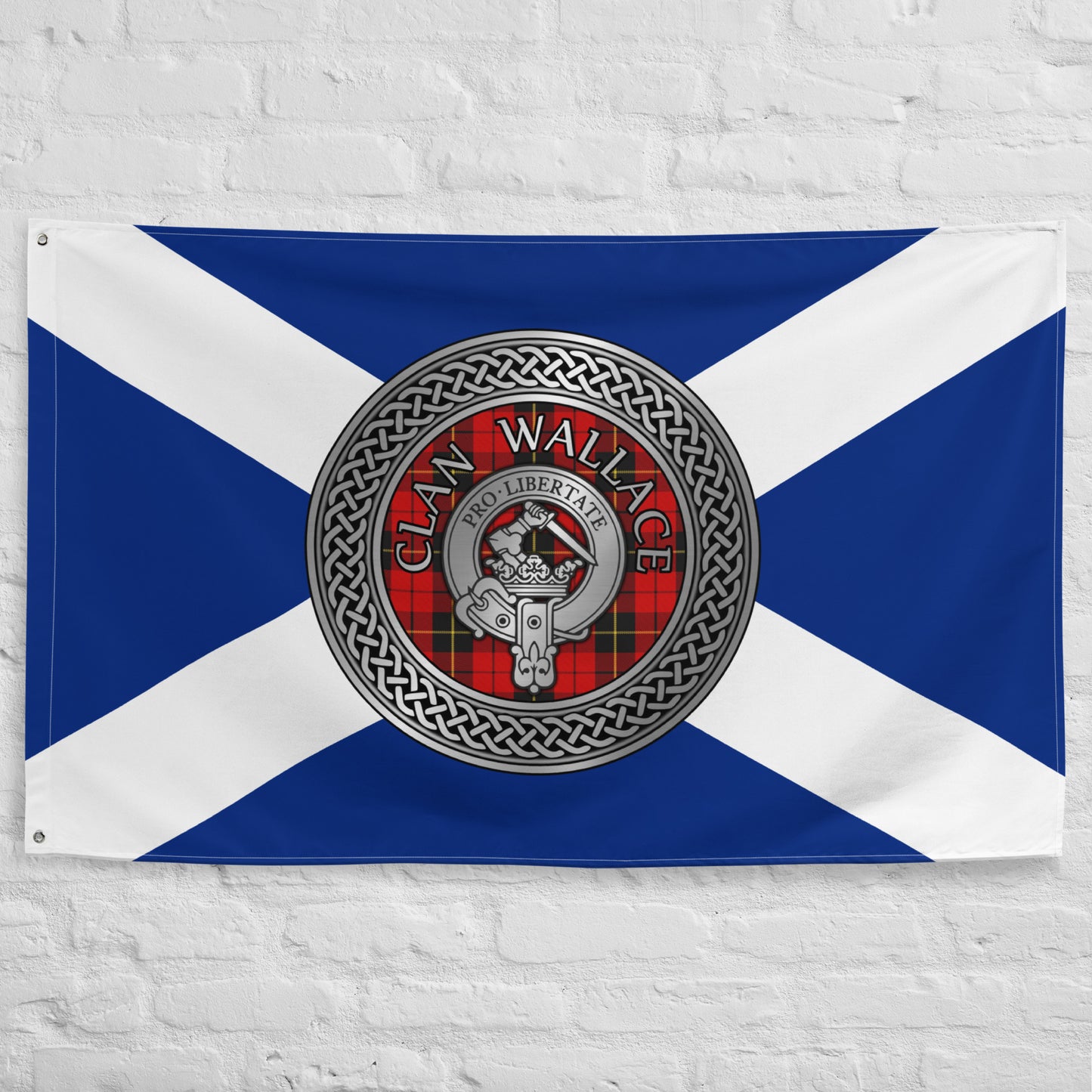 Clan Wallace Crest & Tartan Knot on Scottish Saltire Flag