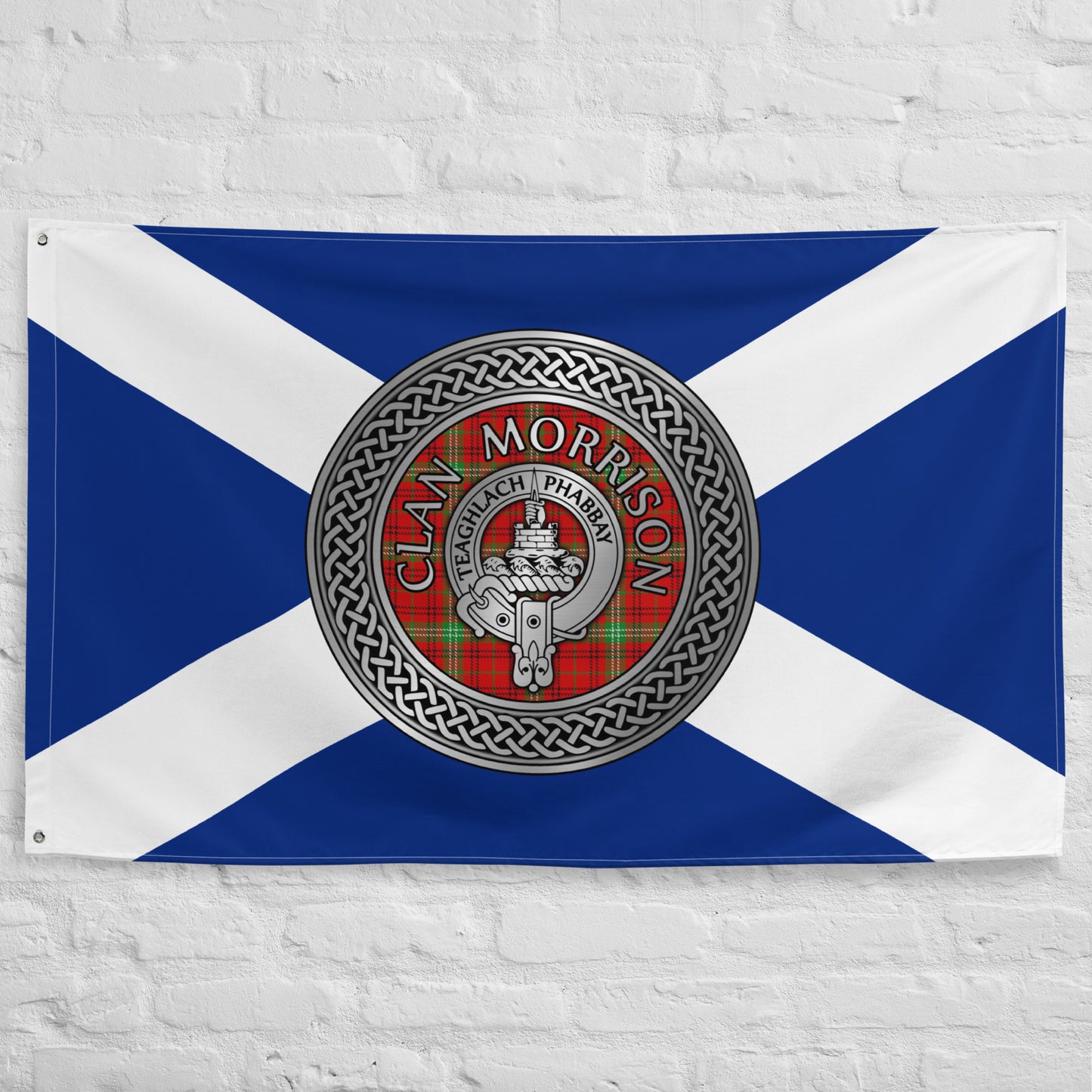 Clan Morrison Crest & Tartan Knot on Scottish Saltire Flag