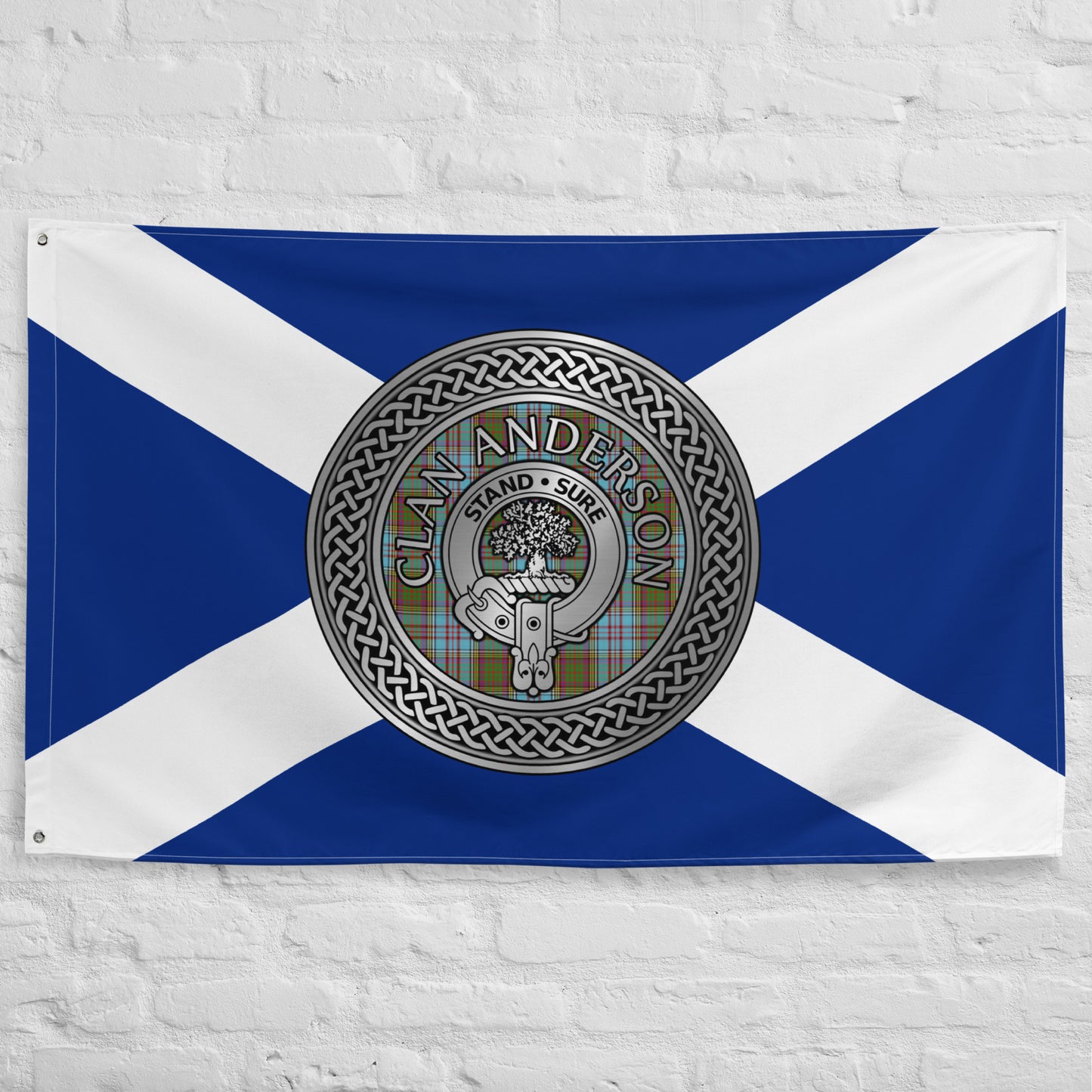 Clan Anderson Crest & Tartan Knot on Scottish Saltire Flag