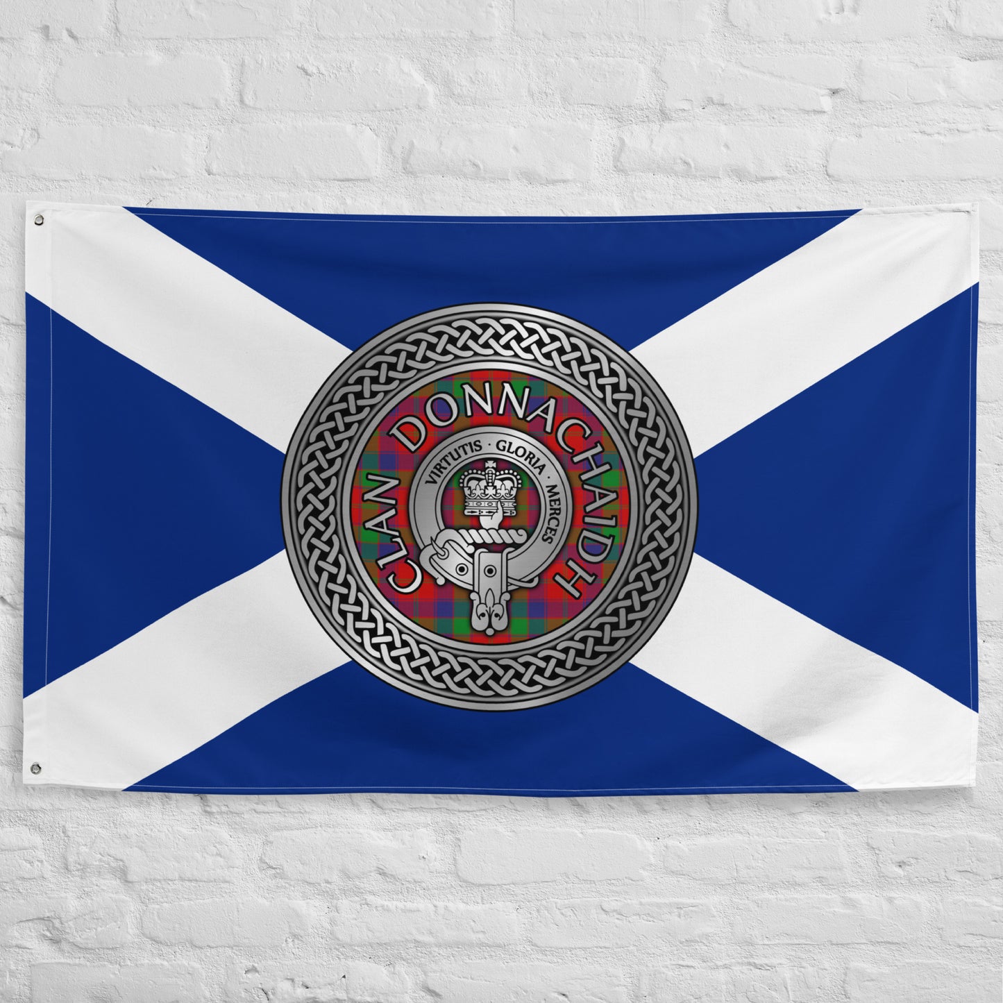 Clan Donnachaidh (Robertson) Crest & Tartan Knot on Scottish Saltire Flag