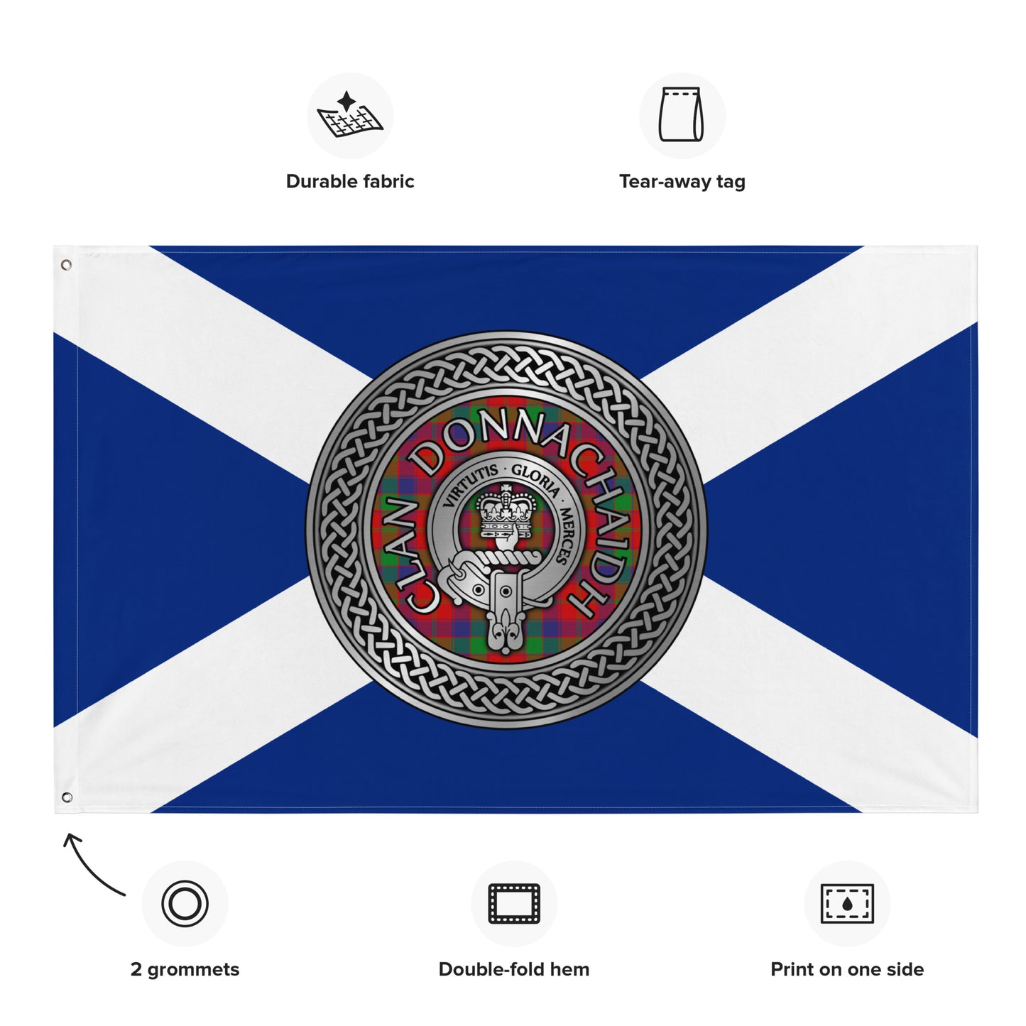 Clan Donnachaidh (Robertson) Crest & Tartan Knot on Scottish Saltire Flag