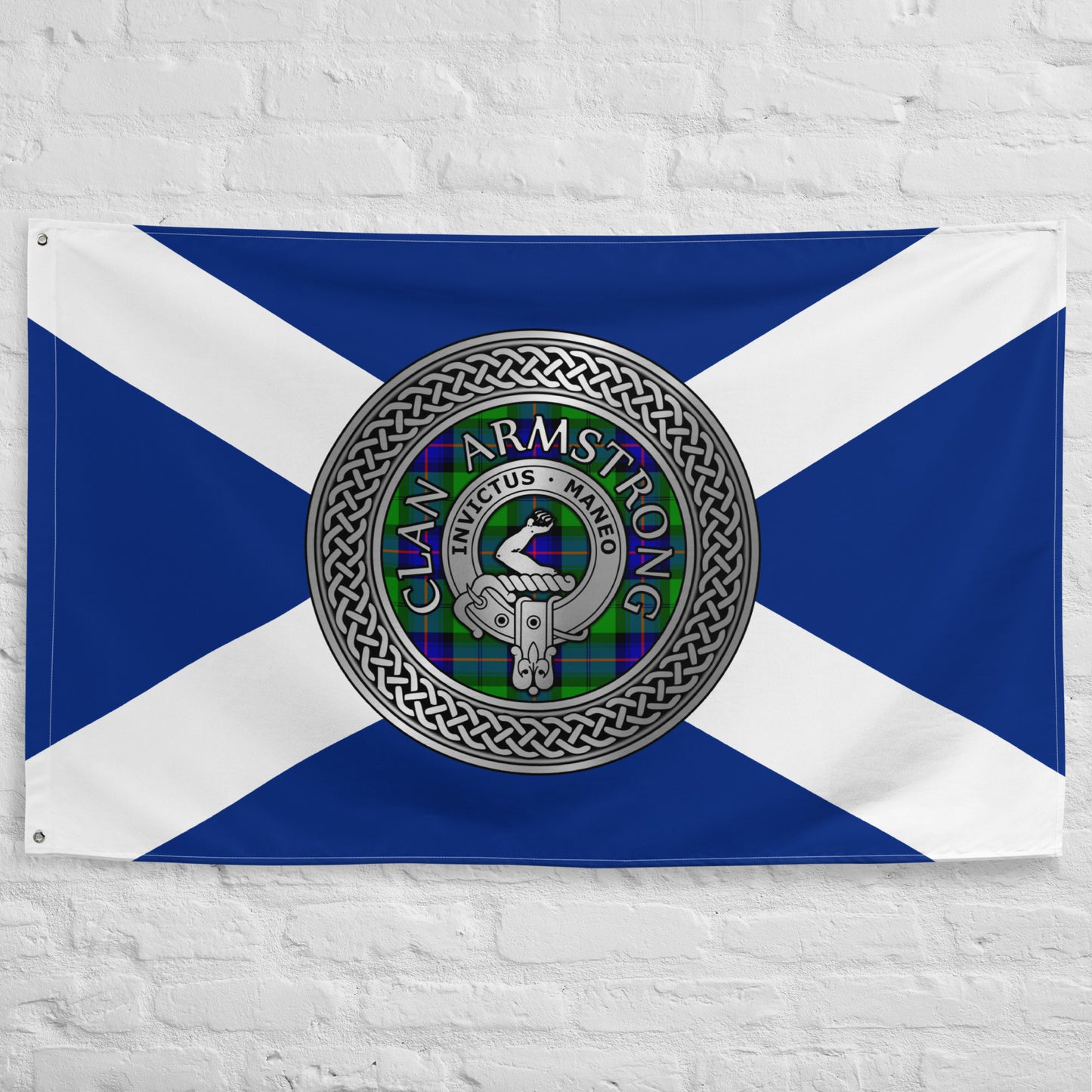 Clan Armstrong Crest & Tartan Knot on Scottish Saltire Flag