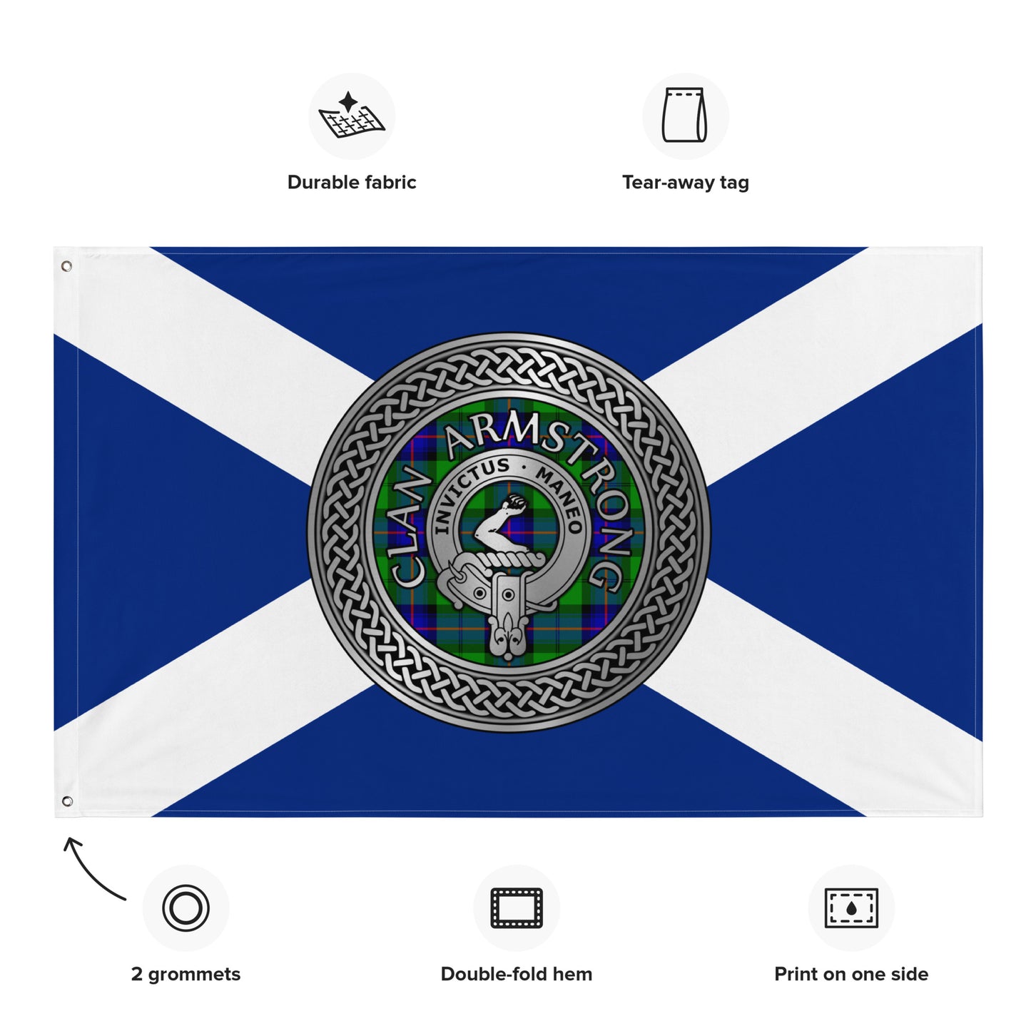 Clan Armstrong Crest & Tartan Knot on Scottish Saltire Flag