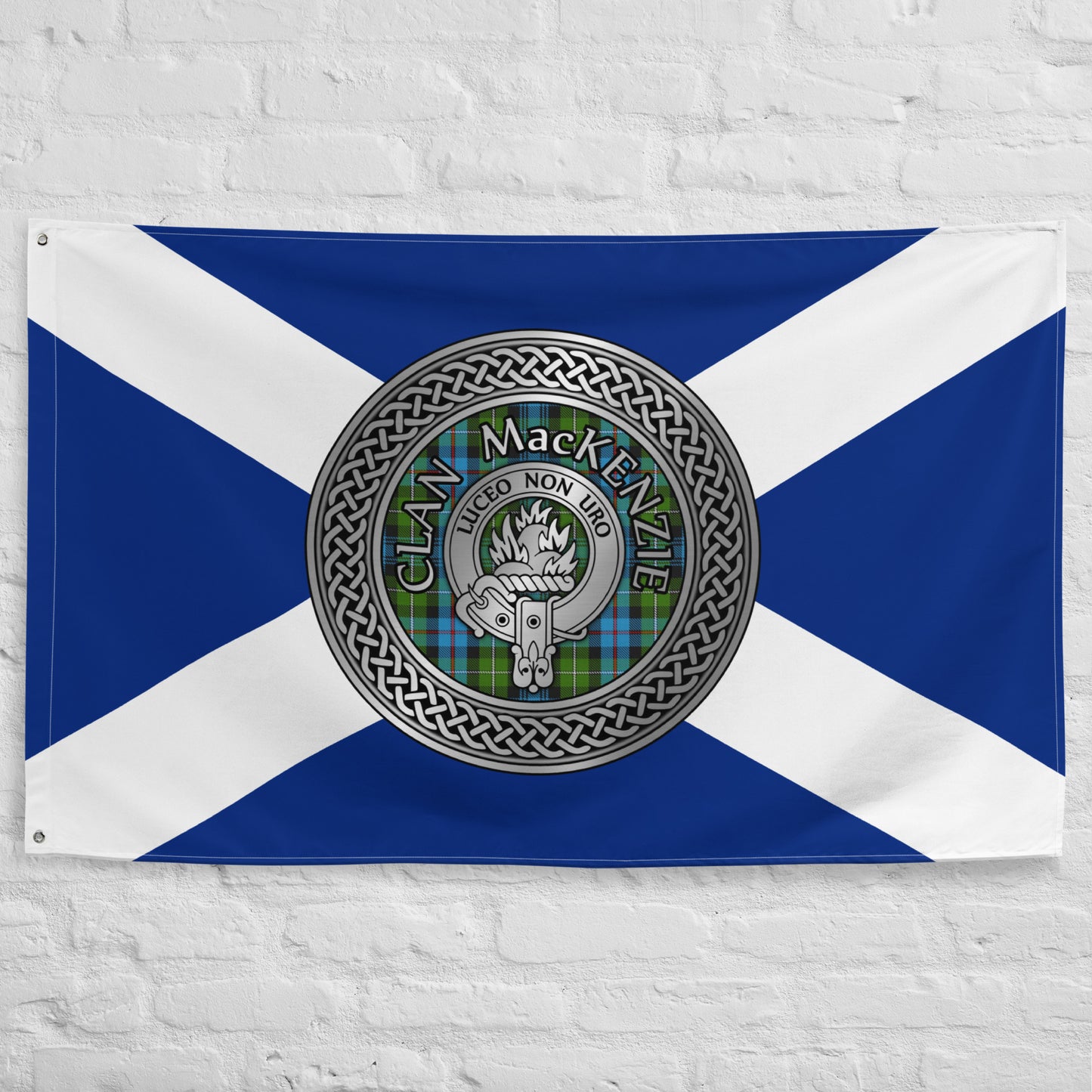 Clan MacKenzie Crest & Tartan Knot on Scottish Saltire Flag