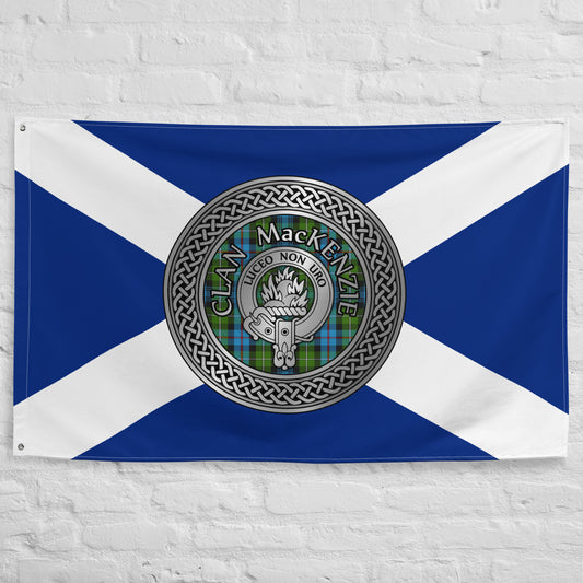 Clan MacKenzie Crest & Tartan Knot on Scottish Saltire Flag