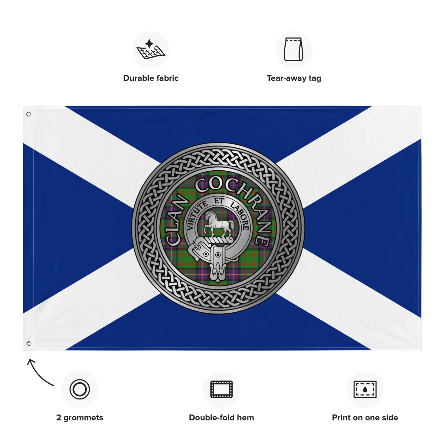 Clan Cochrane Crest & Tartan Knot on Scottish Saltire Flag