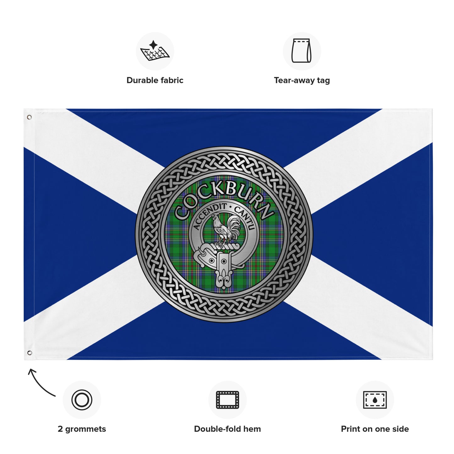 Clan Cockburn Crest & Tartan Knot on Scottish Saltire Flag