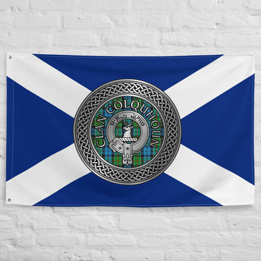 Clan Colquhoun Crest & Tartan Knot on Scottish Saltire Flag