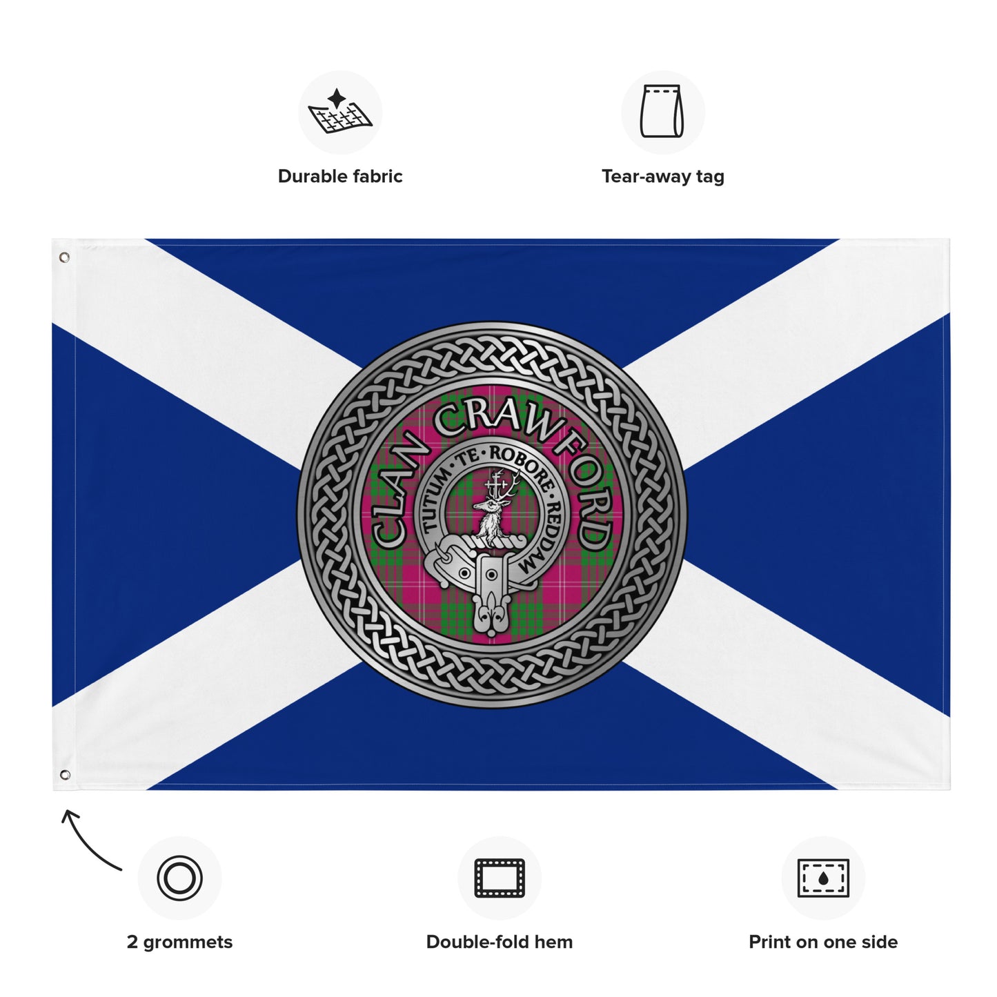 Clan Crawford Crest & Tartan Knot on Scottish Saltire Flag