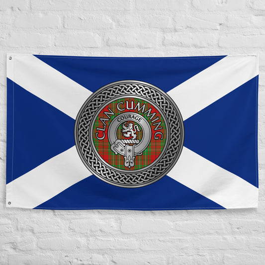 Clan Cumming Crest & Tartan Knot on Scottish Saltire Flag