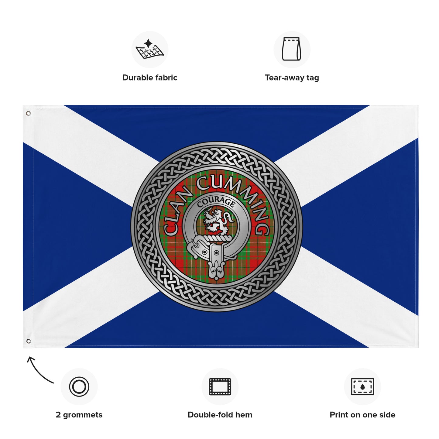 Clan Cumming Crest & Tartan Knot on Scottish Saltire Flag