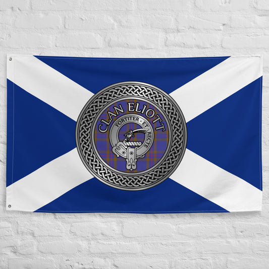 Clan Eliott Crest & Tartan Knot on Scottish Saltire Flag