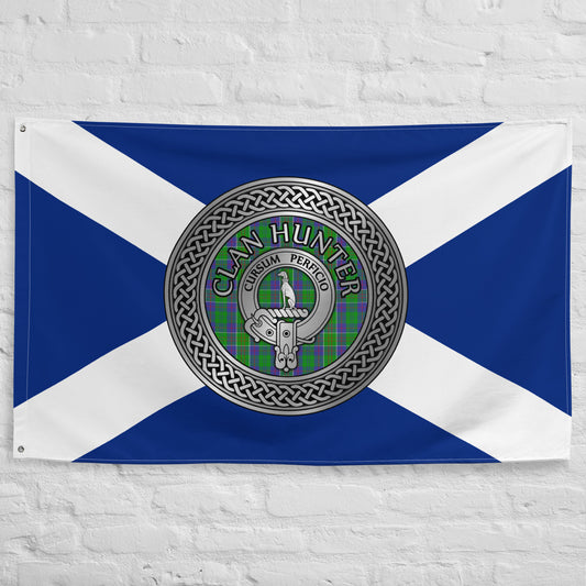 Clan Hunter Crest & Tartan Knot on Scottish Saltire Flag