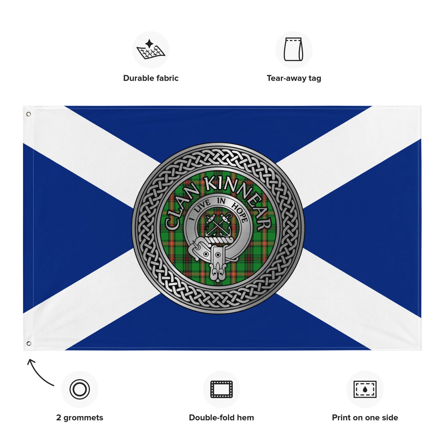 Clan Kinnear Crest & Tartan Knot on Scottish Saltire Flag