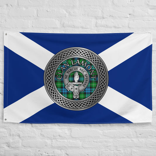 Clan Lamont Crest & Tartan Knot on Scottish Saltire Flag
