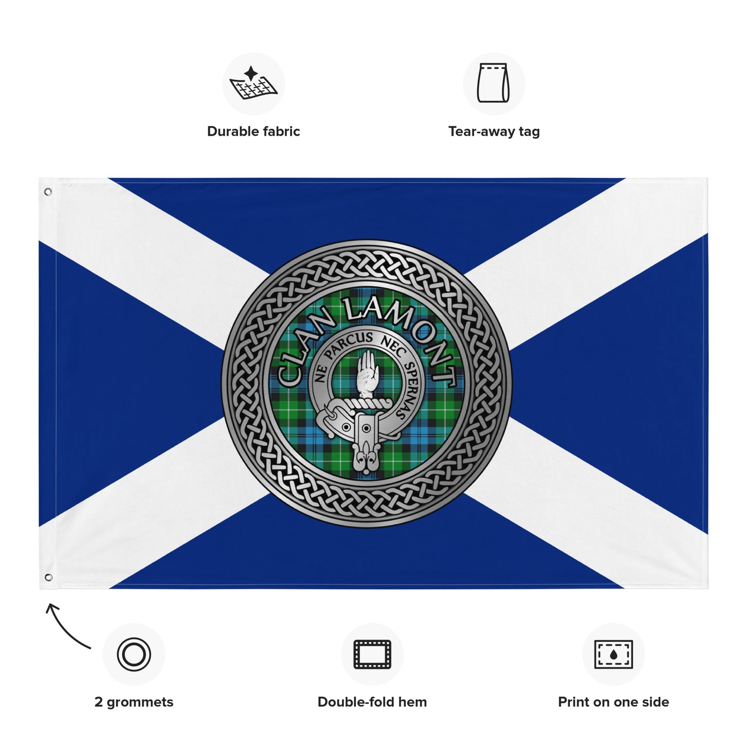 Clan Lamont Crest & Tartan Knot on Scottish Saltire Flag