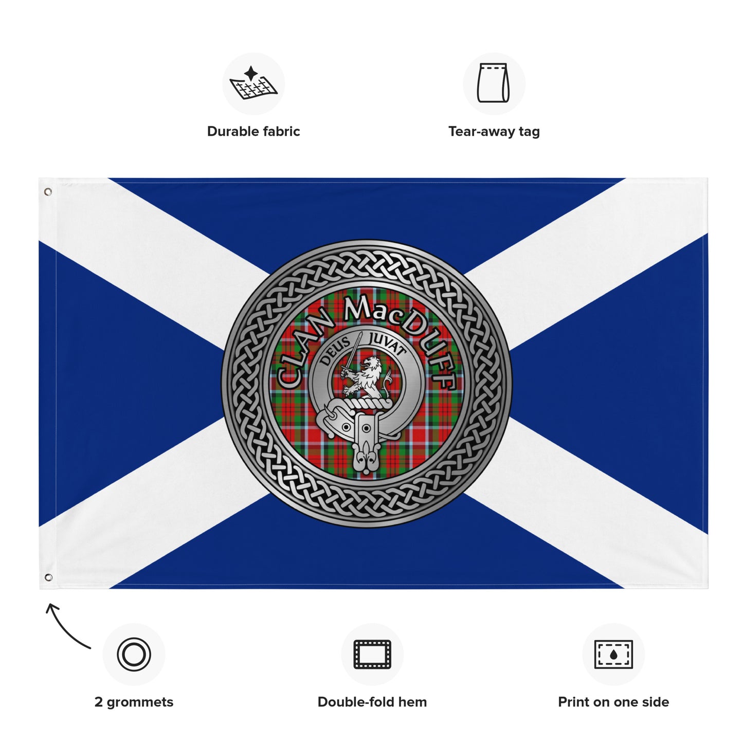 Clan MacDuff Crest & Tartan Knot on Scottish Saltire Flag