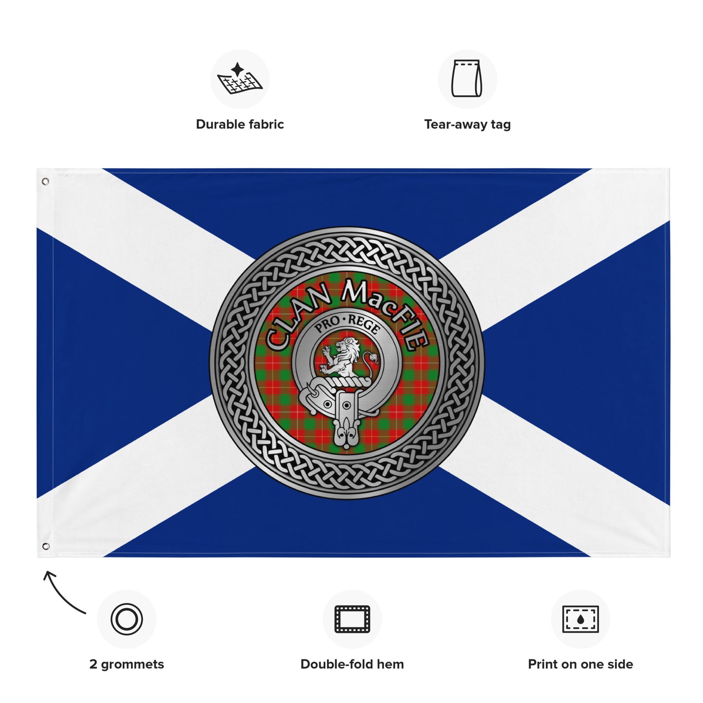 Clan MacFie Crest & Tartan Knot on Scottish Saltire Flag