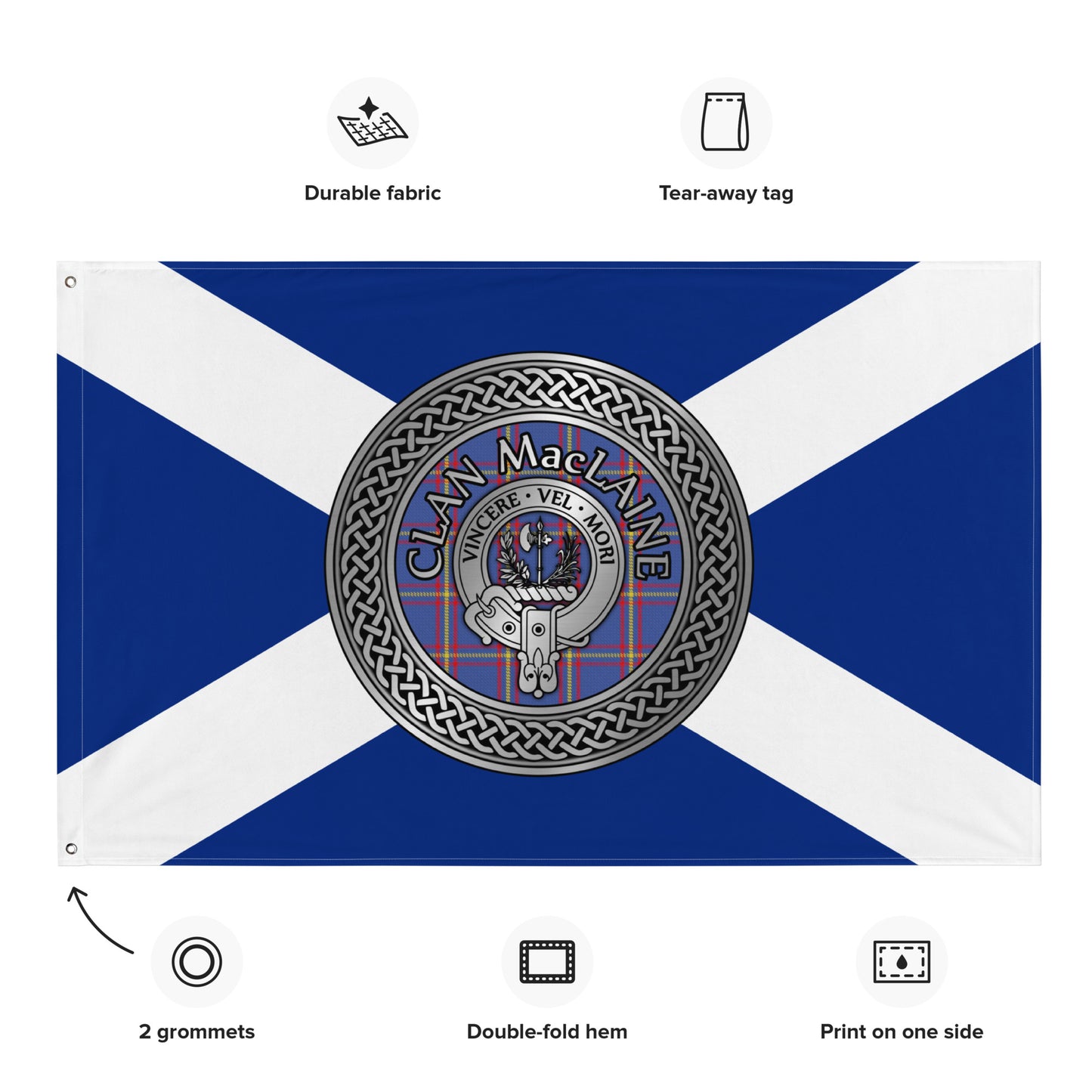 Clan MacLaine Crest & Tartan Knot on Scottish Saltire Flag