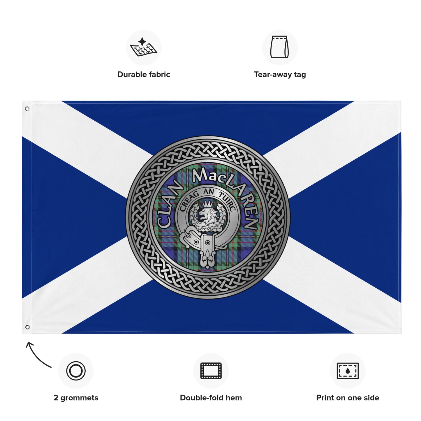 Clan MacLaren Crest & Tartan Knot on Scottish Saltire Flag