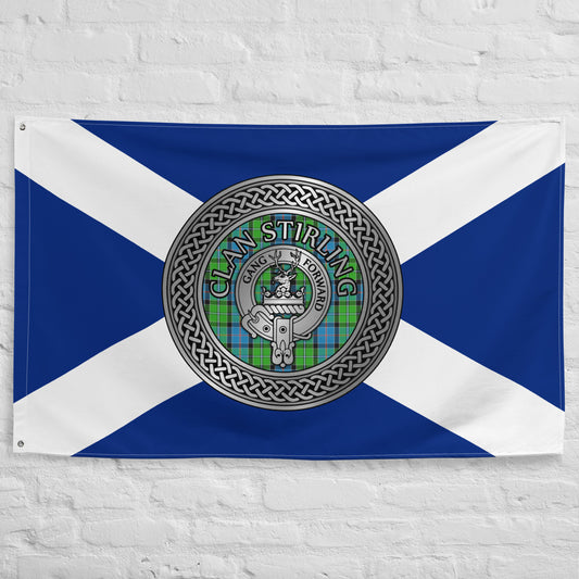 Clan Stirling Crest & Tartan Knot on Scottish Saltire Flag