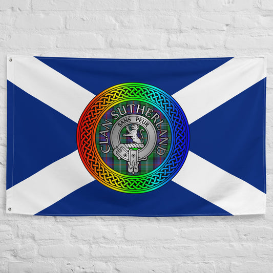 Clan Sutherland Crest & Tartan Rainbow Knot on Scottish Saltire Flag