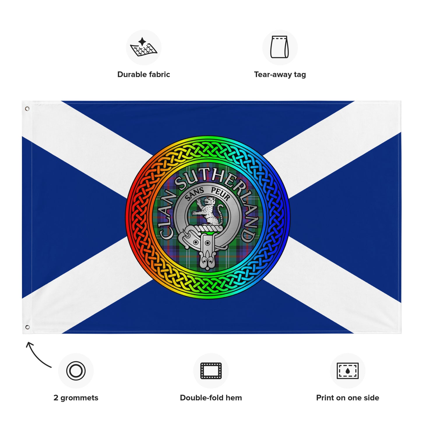 Clan Sutherland Crest & Tartan Rainbow Knot on Scottish Saltire Flag