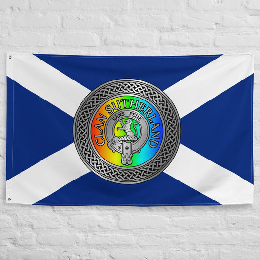 Clan Sutherland Crest & Rainbow Knot on Scottish Saltire Flag