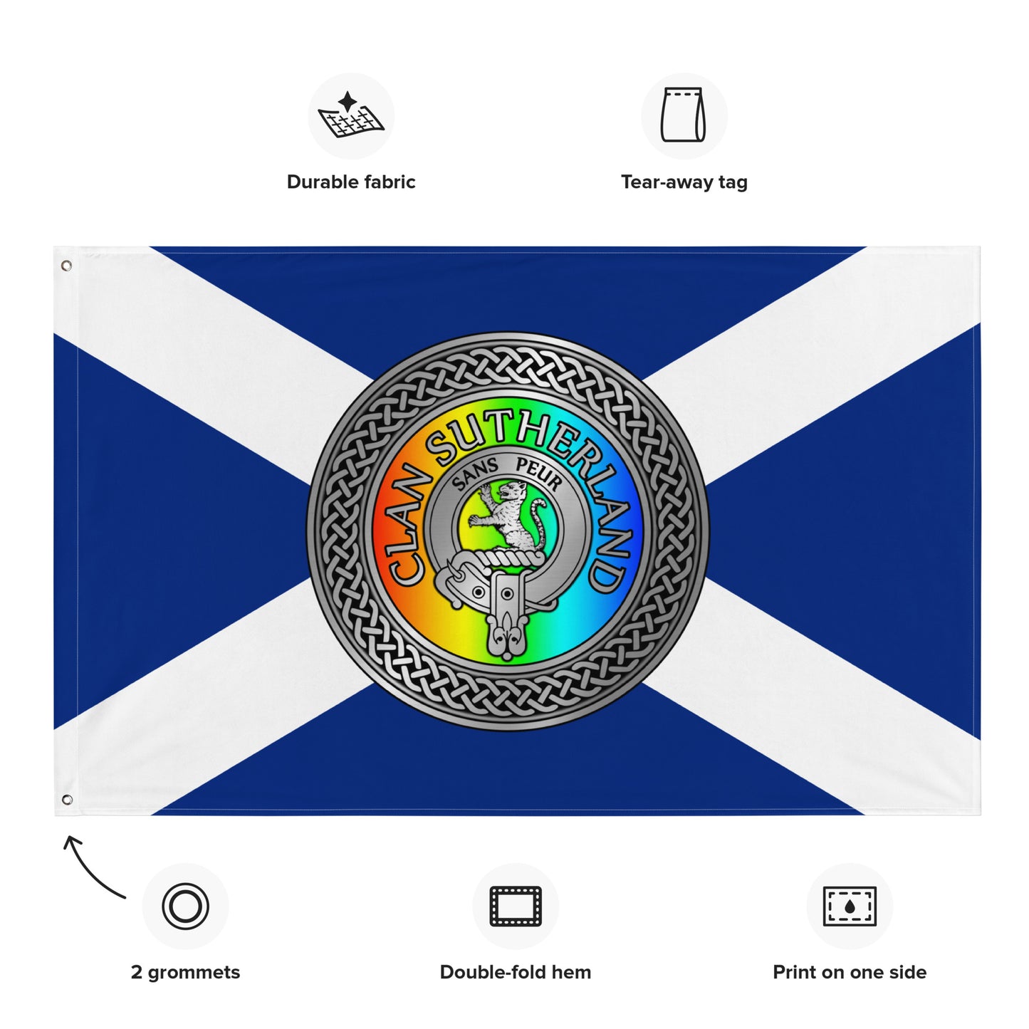 Clan Sutherland Crest & Rainbow Knot on Scottish Saltire Flag