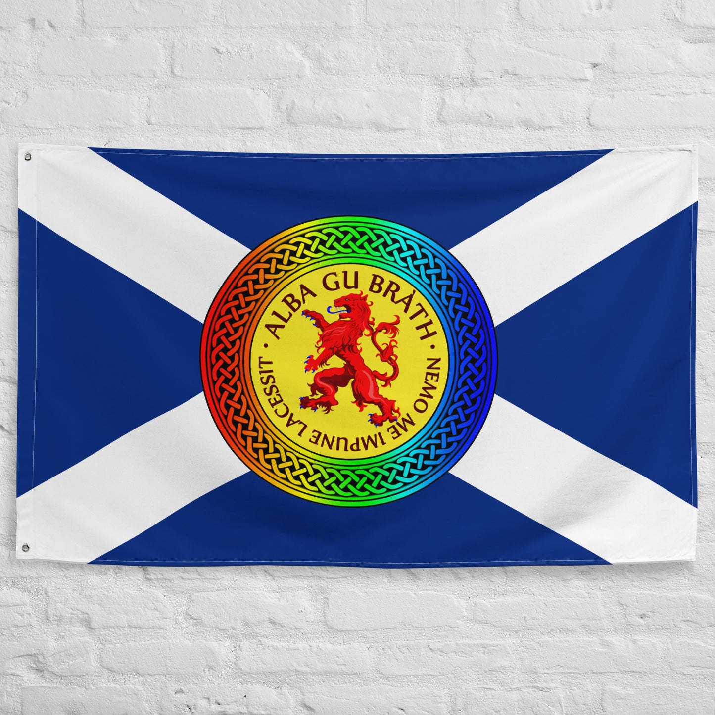 Alba Gu Brath Lion Rampant Rainbow Knot on Scottish Saltire Flag