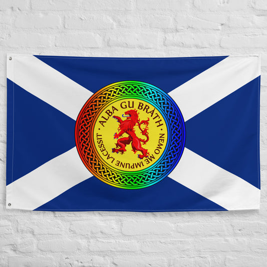 Alba Gu Brath Lion Rampant Rainbow Knot on Scottish Saltire Flag
