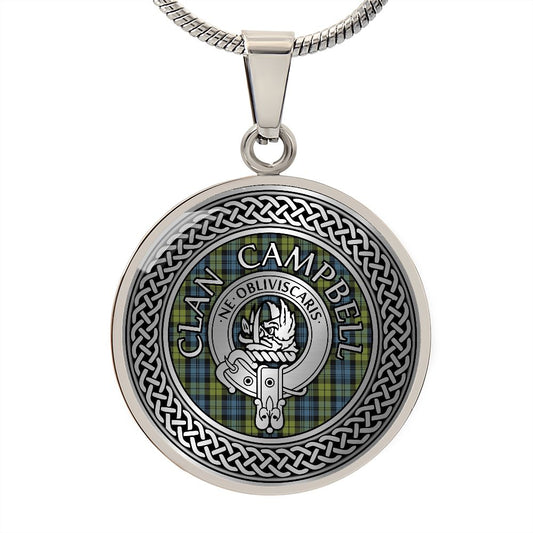 Clan Campbell Crest & Tartan in Celtic Knot Necklace