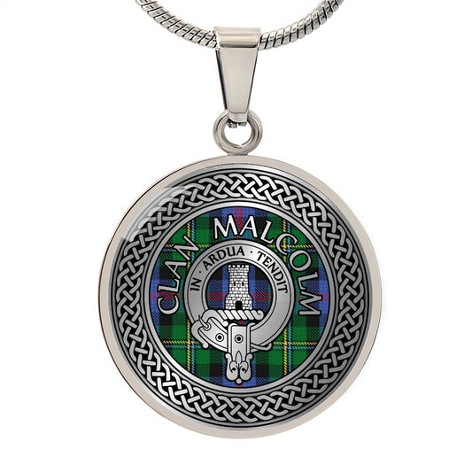 Clan Malcolm Crest & Tartan Celtic Knot Necklace