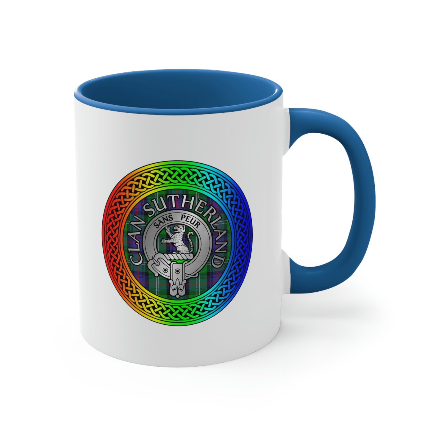 Clan Sutherland Rainbow Crest & Tartan Accent Coffee Mug, 11oz