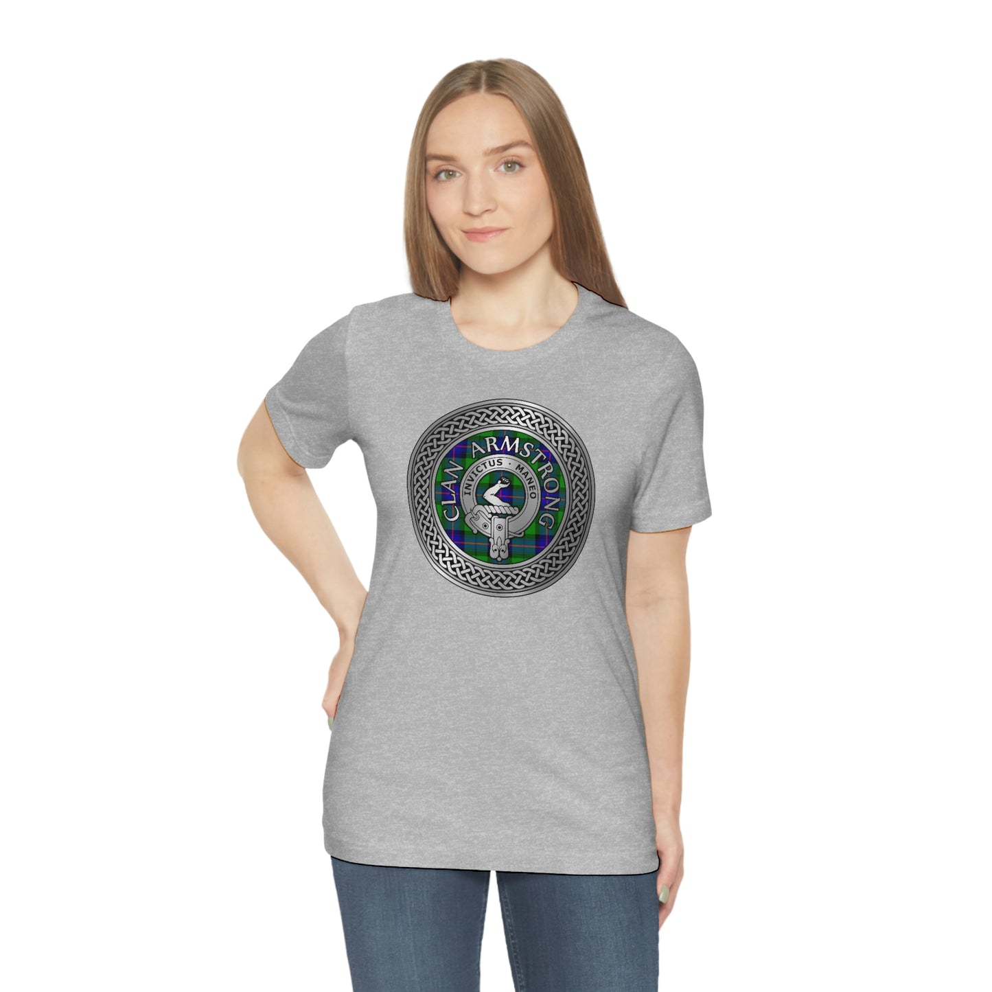 Clan Armstrong Tartan & Crest in Celtic Knot T-Shirt