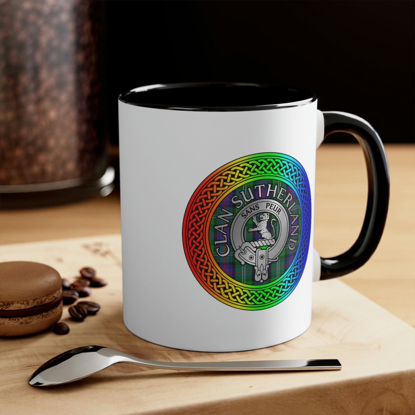 Clan Sutherland Rainbow Crest & Tartan Accent Coffee Mug, 11oz